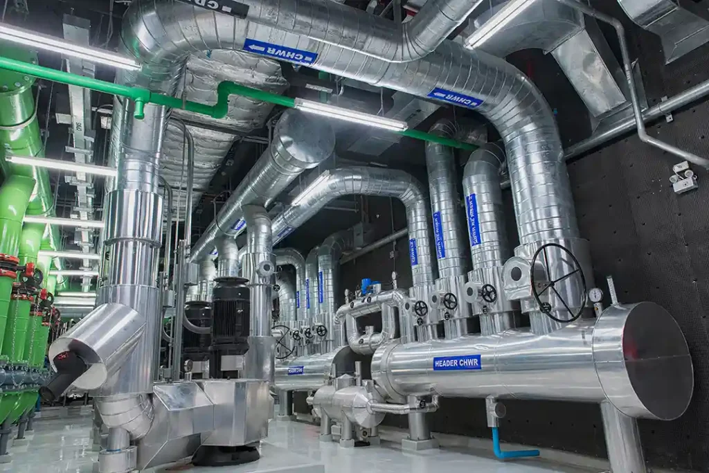 Large commercial HVAC plant room with chilled-water pipework, ductwork and mechanical equipment