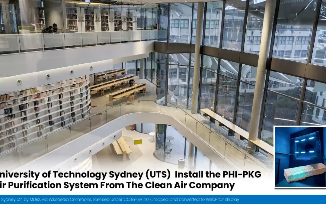 University of Technology Sydney interior with an inset showing a PHI-PKG active air purification installation