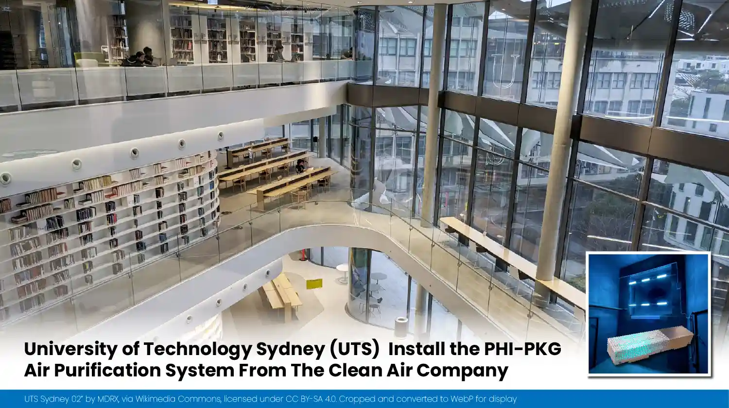 University of Technology Sydney interior with an inset showing a PHI-PKG active air purification installation